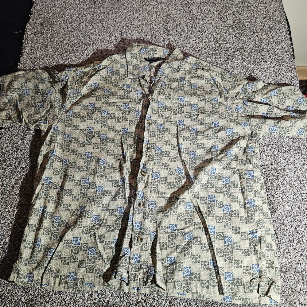 Royal Robbins Mens XL Short Sleeve Button Up Shirt Geometric Block‎ Print Green